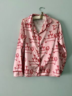 Pink Satin Pajama Set with Red Dachshund & Martini Print Size Medium NEW
